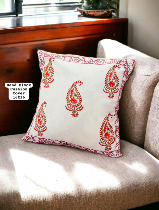 Set of 5 - Block Print Cotton Cushion Cover - Red Keri