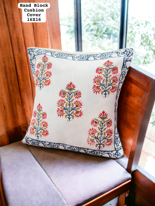 Set of 5 - Block Print Cotton Cushion Cover - Blue floral border with red bush