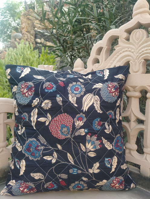 Set of 5 - Quilted Block Print Cotton Cushion Cover- Dark Blue