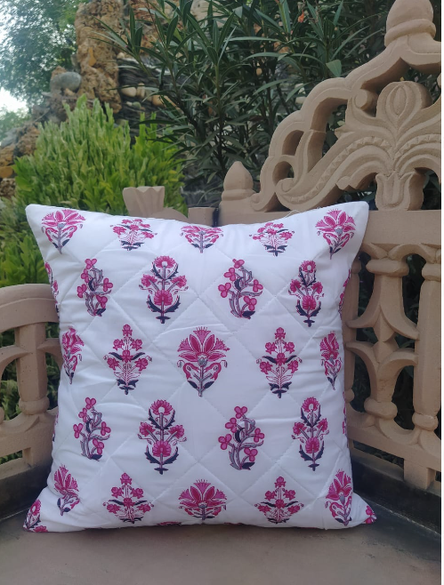 Set of 5 - Quilted  Block Print Cotton Cushion Cover - Pink Bush