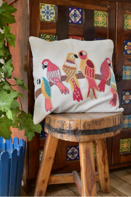 Set of 2 - Beaded multi color cushion cover - bird