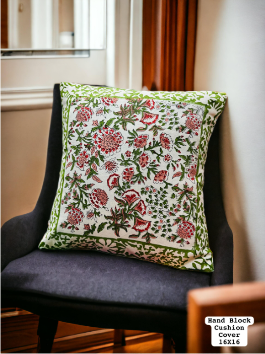 Set of 5 - Block print Cotton Cushion Cover in red and green floral print