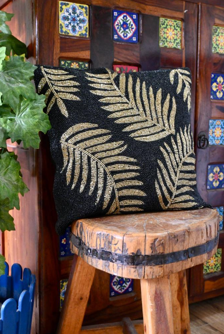 Set of 2 - Beaded multi color cushion cover - Black