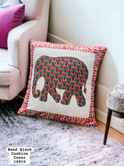 Block print Cotton Cushion Cover - set of five - elephant print with red border