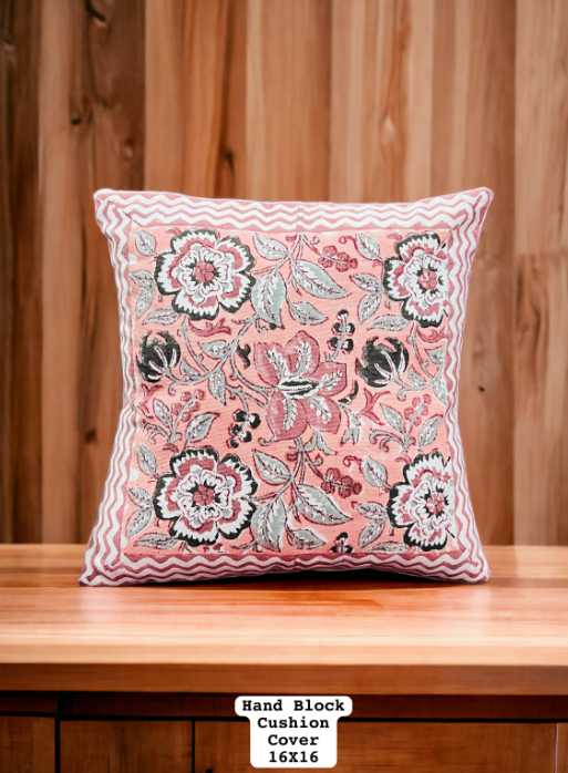 Set of 5 - Block print Cotton Cushion Cover in peach and black floral print