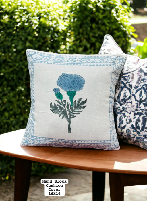 Set of 5 - Block Print Cotton Cushion Cover in blue flower stem print