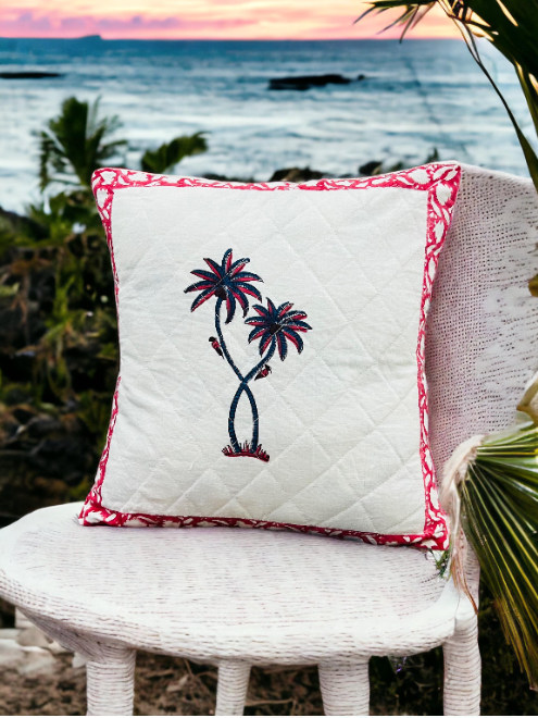 Set of five Hand Block print Cotton Quilted Cushion Cover - Pink Coconut