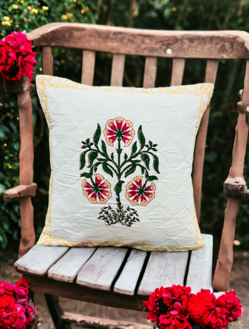 Set of 5 - Hand Block print Cotton Quilted Cushion Cover - Pink floral with yellow border