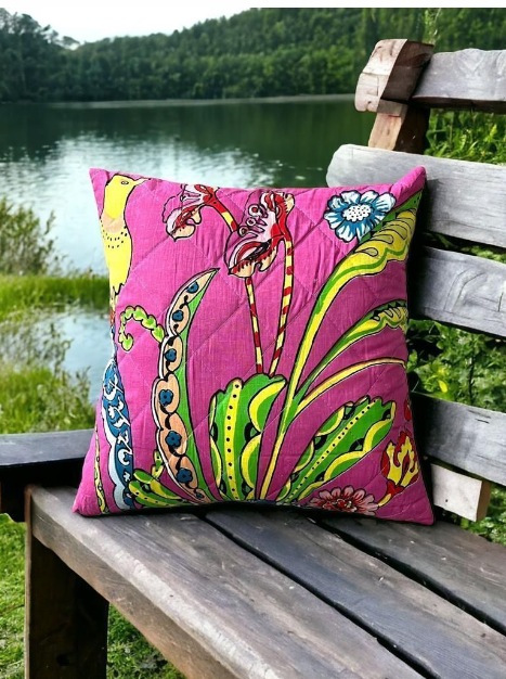 Set of five Hand Block print Cotton Quilted Cushion Cover - Pink color Abstract