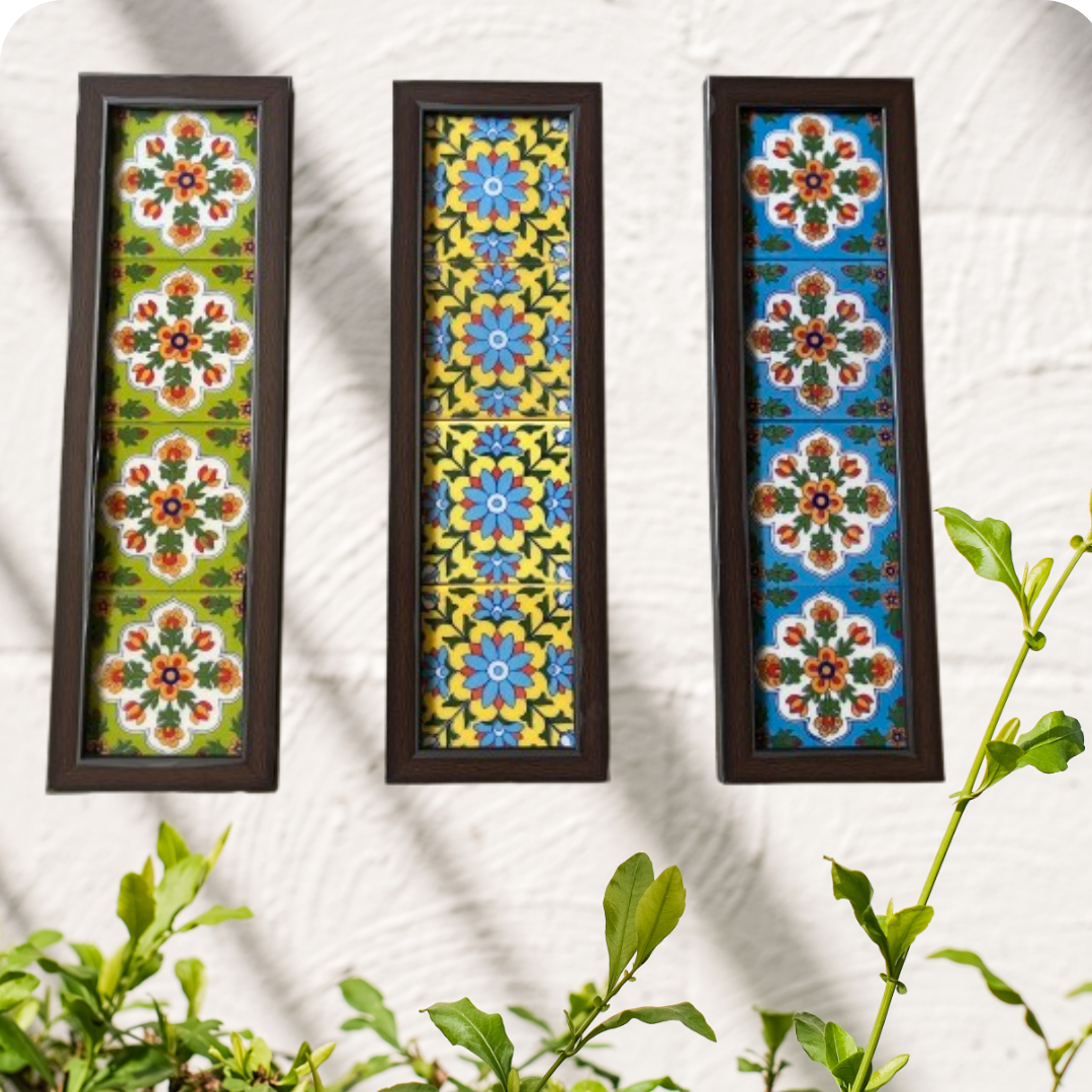 Handpainted  bluepottery tiles wooden like wall frame in a set of three.