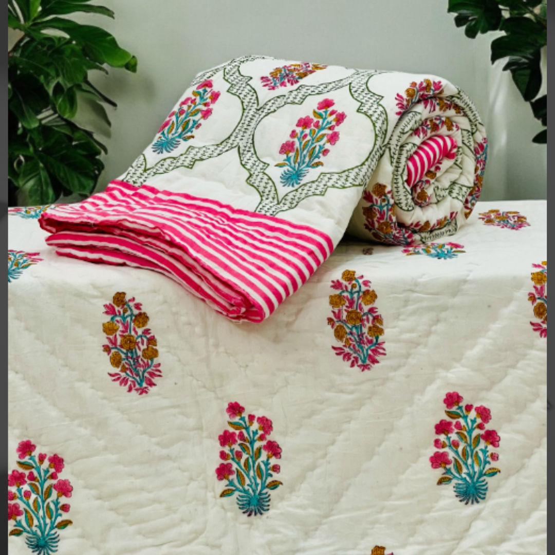 Handmade Indian Block Print Pure Cotton Comforter- Royal floral print