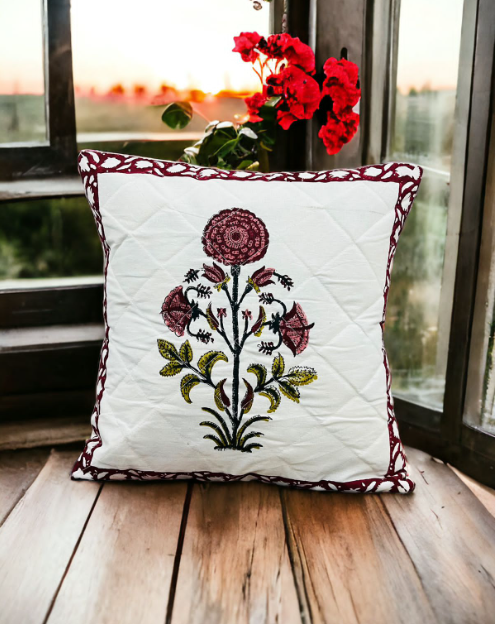 Set of 5 - Hand Block print Cotton Quilted Cushion Cover - Purple Bush