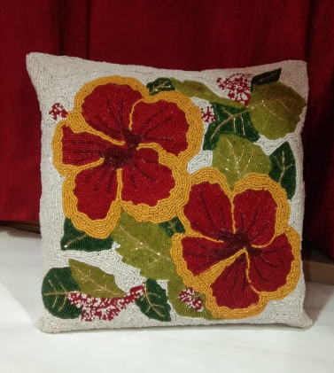 Set of 2 - Beaded multi color cushion cover - red Floral