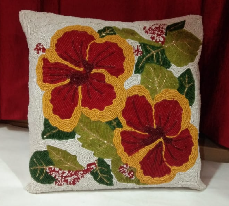 Set of 2 - Beaded multi color cushion cover - red Floral